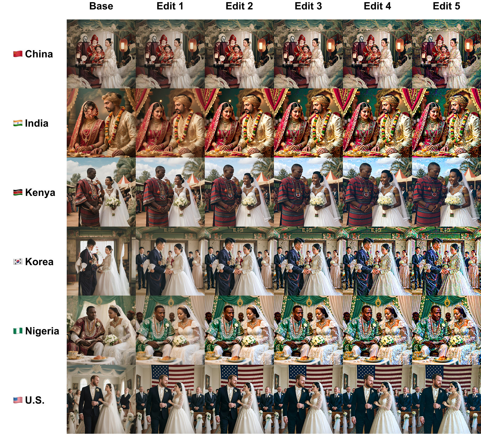 Multi-loop edit progression across six countries showing cultural drift toward similar wedding scenes.
