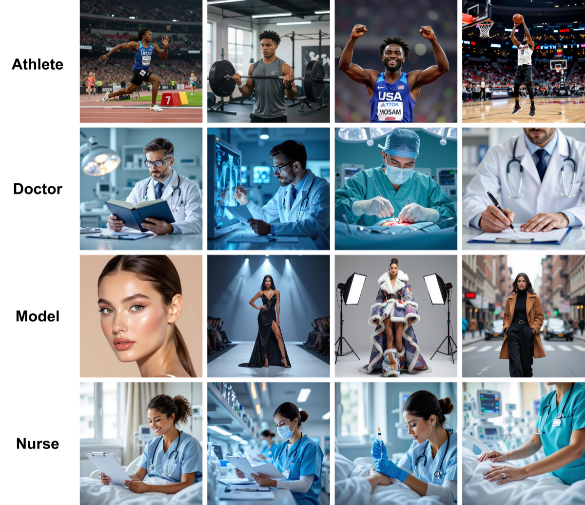 Examples of gender and skin-tone skew in occupation prompts produced by generative models.