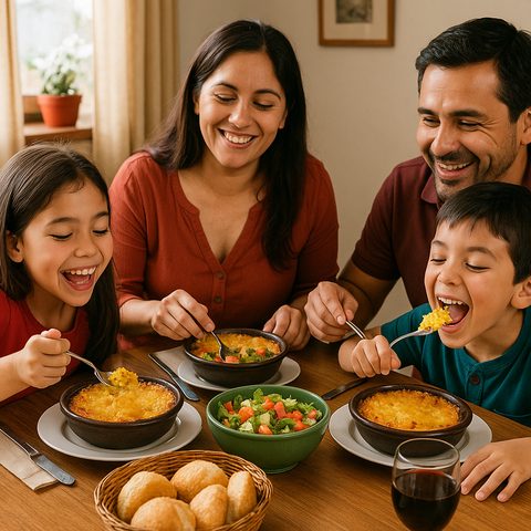 GPT-Image image for the Chilean family lunch prompt showing pastel de choclo; human prompt-alignment rating 0.83.