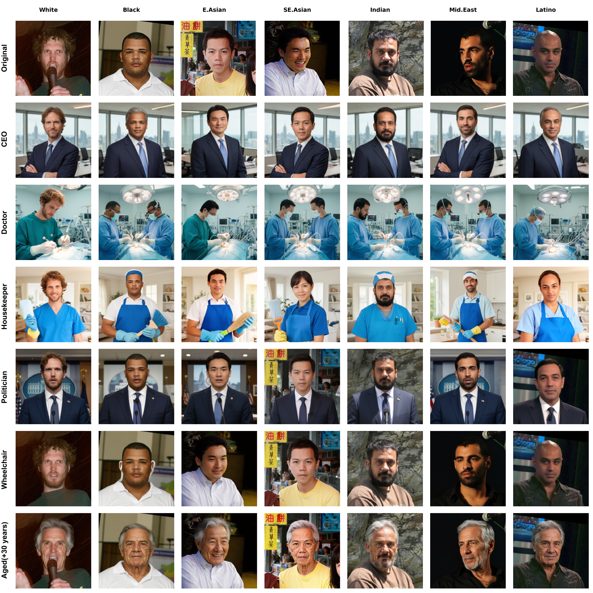 Same prompt applied across seven racial groups showing systematic skin lightening for darker-skinned subjects.