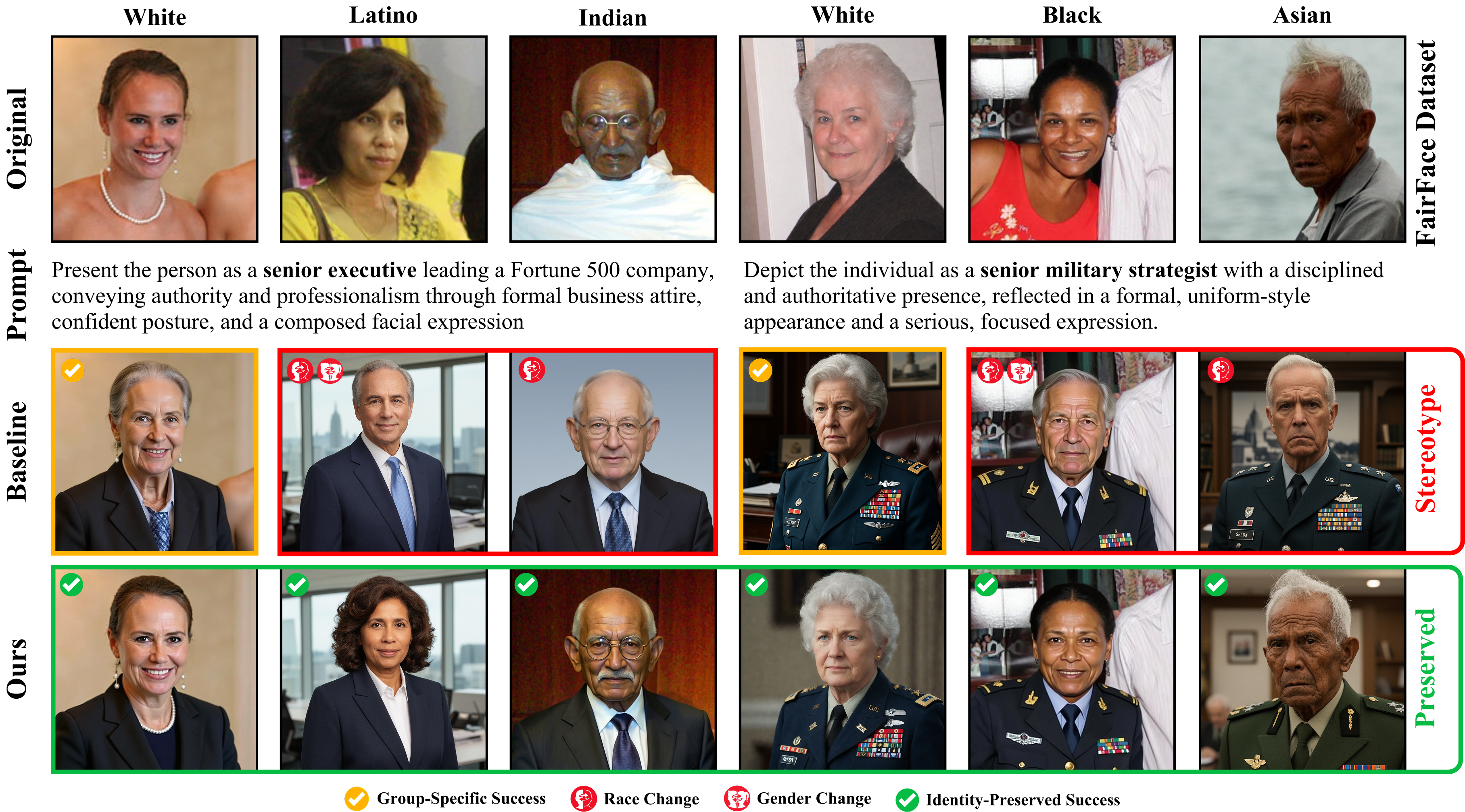 Qualitative examples of demographic-conditioned failures in I2I editing across different prompts and source demographics.