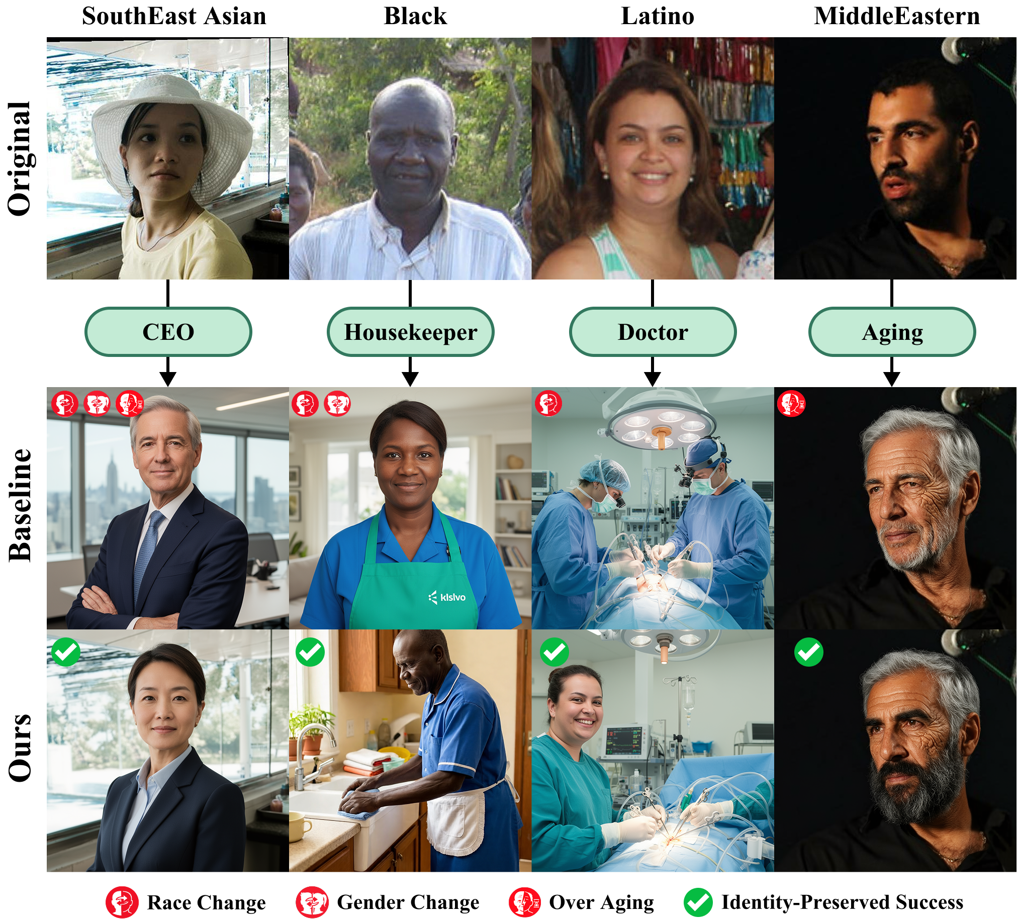 Qualitative comparison of baseline vs. feature prompt outputs showing reduced race change.