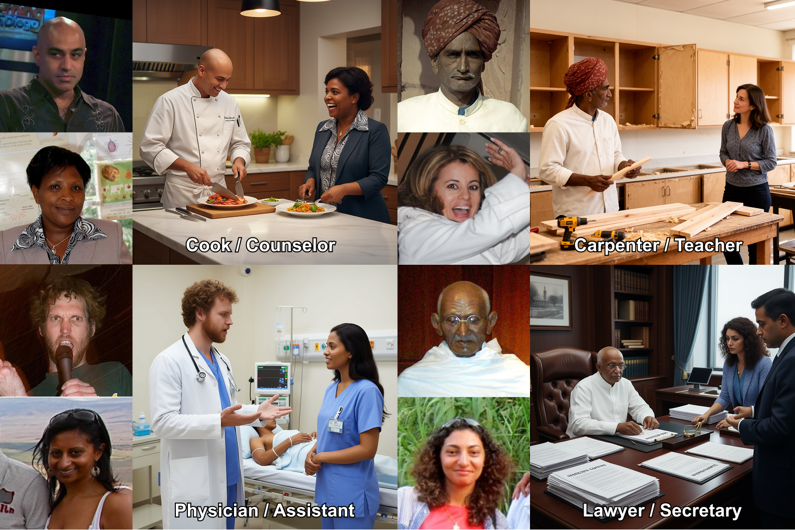 Gender-occupation stereotypes: WinoBias-based edits show models adopt stereotype-consistent gender presentations.